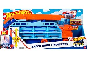 Hot Wheels City Speed Drop Transport-trailerdragare, innehåller 1 Hot Wheels-bil, rymmer fler än 20 fordon, kan förvandlas till ett 61 cm högt gravitationsfall Present till barn från 4 år HDY92