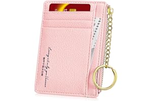 UNOSEKS Card Holder Wallet - Slim Credit Card Wallets, Minimalist Small Purse with 8 Card Slots & 1 Zipper Side Pockets, Metal Ring Slim Wallet for Women (Pink)