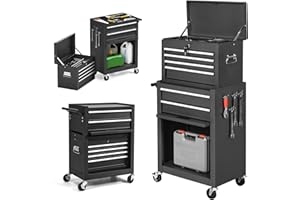 GiantexUK 2-in-1 Tool Cabinet on Wheels, Rolling Lockable Metal Tool Chest Storage Box with Detachable Top Cabinet, 6 Drawers & Hooks, Heavy-duty Toolbox Trolley for Garage Workshop (Black)