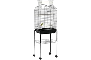 PawHut Jaula para Pájaros con Soporte Jaula de Aves Canarios con 4 Ruedas Techo Abrible 2 Comederos 3 Perchas Bandeja Extraíble y Estante Inferior 46x36x130 cm Negro