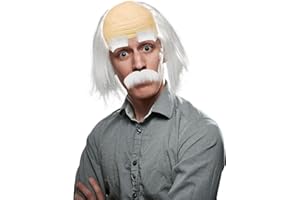 XNIVUIS Juego de disfraz de abuelo de 3 piezas: peluca, hombre calvo, semircalvo, científico, profesor loco, bigote, cejas falsas para Halloween, carnaval, fiesta, juego de rol