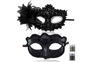 AYNKH 2PCS Couple Masquerade Masks with Face Glitters Cosmetics, Shiny Sequins Feather Lace Mask Venetian Party Carnival Halloween Costume for Men Women