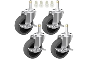 RILIDRI 4-Inch Swivel Stem Caster for Rubbermaid Mop Bucket Utility Cart, 7/16-Inch Stem Diameter Rubber Wheel Set of 4 with Side Brake, Heavy Duty TPR Weber Grills Shop Vac Replacement Wheels