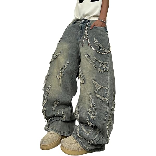 Zewool Heren Hip Hop Ripped Baggy Jeans Verwoeste Distressed Jeans Brede Been Skater Jeans Y2K Denim-broek, L