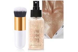 FRESFRESI Champagne Gold Body Shimmer Oil Spray with Non-Sticky, Waterproof Formula. Lightweight, Face & Body Glow Illuminator. Includes Makeup Brush for Luminous Highlighter & Radiant Look