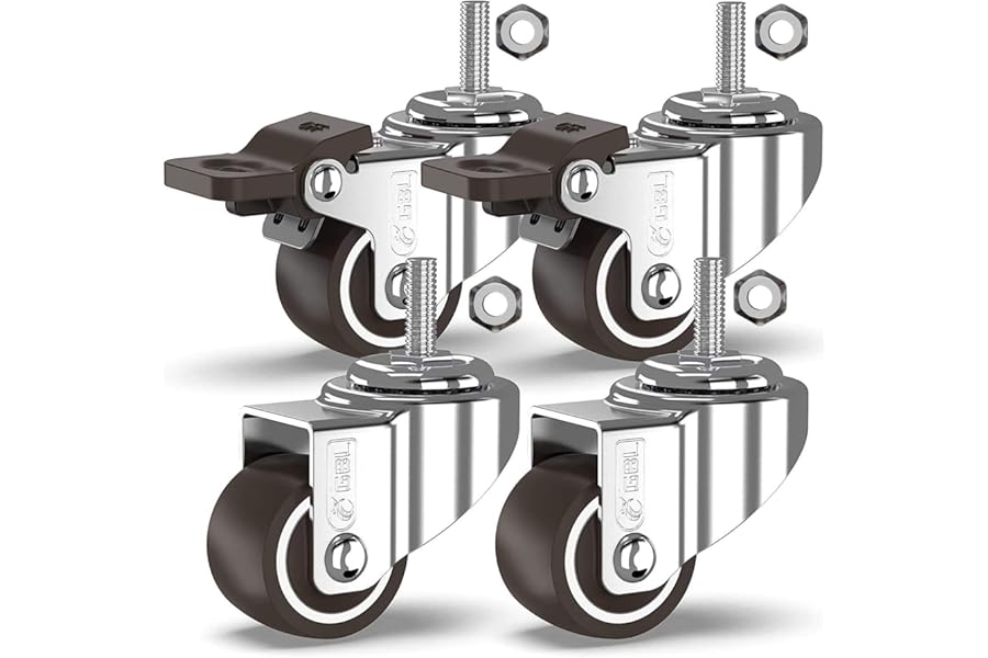 GBL Heavy Duty Castor Wheels with 2 Brakes + Screws - 25mm M8x20mm up to 40KG - Pack of 4 No Floor Marks Silent Caster for Furniture - Small Rubbered Trolley Wheels - Silver Castors