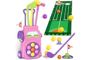 JONEG Toys for 3-8 Year Old Kids: Golf Set Toy for Toddlers, Gifts for 3 4 5 6 7 8 9 10 Year Old Boys Girls, Outdoor Indoor Sport Toy with 7 Balls, 4 Golf Clubs, 2 Practice Holes for Summer (Pink)