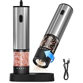 KitchenBoss Set of 2 Rechargeable Electric Pepper Mills 2 fl oz | 5 Setting Modes, Suitable for Pepper and Salt Grains (0.3A,