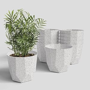 YUCCABE ITALIA SHERA Hexa Plastic Flower Pot with Drainage Holes Round Planter Pot Suitable for Indoor Outdoor Kitchen Garden (Marble White, 12 INCH - 12 Pcs)