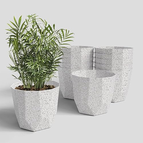 YUCCABE ITALIA SHERA Hexa Plastic Flower Pot with Drainage Holes Round Planter Pot Suitable for Indoor Outdoor Kitchen Garden (Marble White, 12 INCH - 12 Pcs)