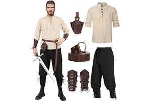 VELMAWIG Medieval Shirt Viking Costume Men's Renaissance Victorian Pirate Lace-up Shirt Fishing Shirt Warrior Gothic Stand-Up Collar Cosplay Top with Knee Trousers Men's Arm Protectors Steampunk Knight Belt