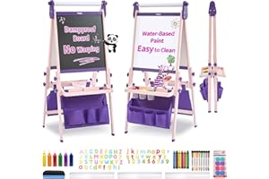 FUNLIO Faltbar Staffelei Kinder von 3–8, Anti-Warp-Board & Löschbarer Rahmen, tafel kinder mit Kreide, Magnet/Whiteboard und Papierrolle, 3 höhenverstellbar, All-in-One staffeleien – Lila faltenbar