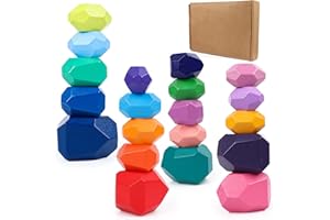Byffoer 20 pietre impilabili, pietre impilabili, giocattoli in legno colorati, per bambini, abilità motorie, giocattolo in legno, allena l'equilibrio e le abilità creative dei bambini