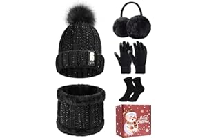 UMIPUBO Women's Winter Knitted Hat, Scarf, Ski Outing Set, Plush Ear Warmers, Beanie Hat, Touch Screen Gloves, Earmuffs, Stockings for Outdoor Sports