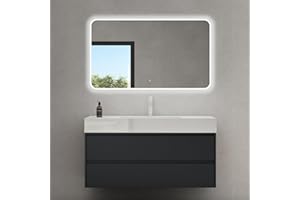 doporro Mobile Bagno Sospeso Set Mobili con Lavabo Integrato e Specchio LED, Mobile Sottolavabo 120 cm Antracite Opaco, Lavandino Bianco in Marmoresina e 2 Cassetti Soft Close Serie Deep