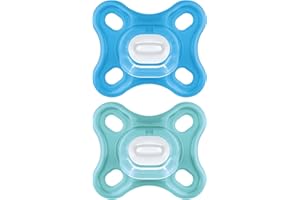 MAM Chupete Todo Silicona, 0-3 Meses, con Tetina Simétrica, Extra Pequeña y Cuello Delgado de Silicona Skin Soft Silicone de Fácil Aceptación, con Caja Autoesterilizadora, MAM Comfort, Azul, 2uds