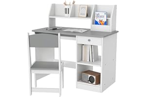 ZONEKIZ Kids Desk and Chair Set with Storage, for Ages 5-8 Years, 2 Piece Children Table and Chair Set with Keyboard Drawer, Grey