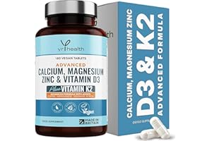 Calcium, Magnesium, Zinc and Vitamin D Plus Vitamin K2 MK-7 Tablets - Osteo Supplement - 180 Vegan Tablets not Capsules - Made in The UK by YrHealth