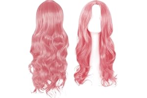 LOUUUOU Long Pink Wig, Pink Wigs For Women, Party Wigs Womens Wig 28 Inch/70 cm Long WigS for Charming Women LoNg Curly Full Hair Synthetic LonG WiG for Girls Cosplay Party Daily Use