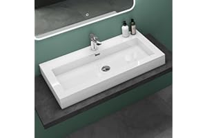 Mai & Mai Vasque à poser lavabo suspendu blanc 90cm résine rectangulaire lave mains avec trop-plein Col818 90x48x10cm