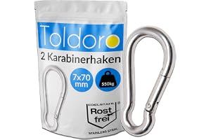 Toldoro 2 x karbinhake i rostfritt stål, 70 mm, rostfri – NIRO AISI 316 V4A/karbinhake för gunga, camping eller slacklines/br