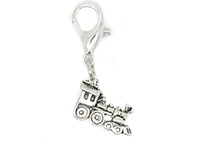 JEWELLERYJOY Steam Train Locomotive 3D Tibetan Silver Clip On Lobster Clasp Charm Organza Gift Bag
