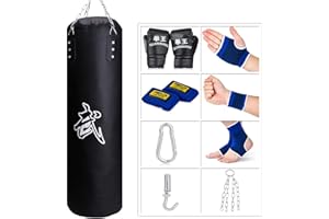 ‎SFEEXUN Sfeexun Boxsack Hängend Sandsack Boxen, Boxsack Kinder Boxsack Set Erwachsene Jugendliche Box Sack Punching Bag mit Handschuhen, Kette, Deckenhaken für Muay Thai MMA UFC 100/120cm (Nicht Gefüllt)