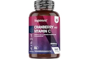 ‎WEIGHTWORLD Cranberry Kapseln mit Vitamin C - entspricht ca. 25.000mg Cranberry Pulver (50:1) - 6 Monate Vorrat - 180 Stück & Vegan - 100mg Vit C - 1-2 Kapseln Täglich - Preiselbeeren - WeightWorld