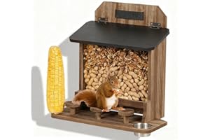 JAZUIHA Mangeoire pour écureuil - Résistante aux intempéries - En bois - Pour l'extérieur - Avec table de pique-nique, bancs et support pour épis de maïs