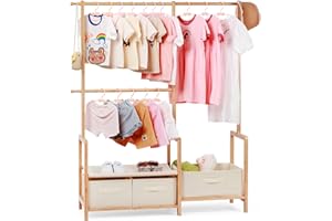 Relquorax Appendiabiti in bambù per bambini con tre aste da appendere, per vestiti da bambino, piccolo organizer con 3 cestini, per costumi e accessori (colore naturale)
