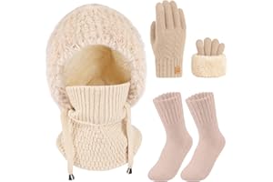 Kyndara 3Pcs Women Winter Hat Gloves Socks Set, 3-in-1 Thermal Knitted Beanie Hat with Face Mask Touch Screen Gloves Warmer Stocking Winter Cold Weather Kit for Skii Outdoor Sports