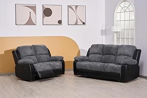 SOFAHEAVEN Rio Recliner Black/Grey Jumbo Cord Fabric 3+2+1 Seater Sofa Set - For Living Room Furniture - 3 Seater Sofa 2 Seater Sofa Settee Armchair - Cheap Couches (3+2 Seater Sofa)