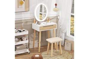 YU YUSING Tavolo da toeletta con illuminazione, specchio a LED, cassetti, sgabello luminosità regolabile, trucco Vanity, rovere