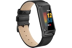Tuocal Echtleder Armband Kompatibel mit Fitbit Charge 5 Armband für Damen Herren, Weiches Atmungsaktives Echtleder Ersatzarmband Sport Armband für Fitbit Charge 5 Aktivitäts Tracker, Lichee Schwarz
