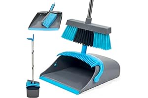 MEOWN 4 Piece Long Handle Dustpan and Brush Set, Upright Broom and Dustpan with Soft Bristles for Laminate Wooden Floors and Pet Hair, Standing Easy Store Cleaning Set for Indoor and Outdoor Use
