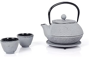 ‎ECHTWERK Echtwerk Teeservice aus Gusseisen, Teekanne 0,8 L mit abnehmbarem Sieb, Teebereiter mit Untersetzer, Teekannen-Set im Vintage-Design für Zubereitung von losem Tee, Grau