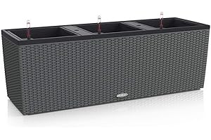 Lechuza TRIO Cottage 40 Self Watering Planter Large Garden Flower Rattan Look Plant Pot Plastic Indoor/Outdoor Floor Planter with Drainage Hole H44 L130 W42 cm Granite