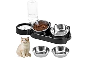 TranRantic 3-in-1 Katzennapf, Katze Futternapf und Wassernapf-Set, 15°Geneigte Edelstahl Katzennäpfe mit Wasserspender, Erhöhte Katzenfressnapf für Katzen und Kleine Hunde (Schwarz)