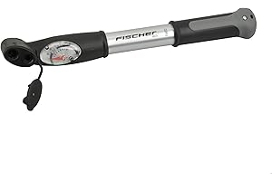 Fischer Mini-Luftpumpe mit Manometer, Doppelhub-Technik, für alle Ventile (AV, DV, SV), Duokopf, aus Aluminium, extrem kompak