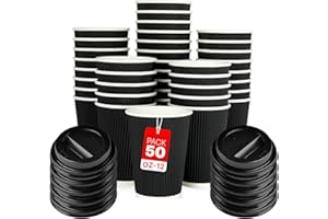 Zuvo [50 Pack Takeaway Coffee Cups with Lids | Disposable Insulated Triple Wall Ripple Kraft Paper Coffee Cups for Takeaway Coffee, Tea or hot Liquids | Pack of 50 (12 Oz.), Black