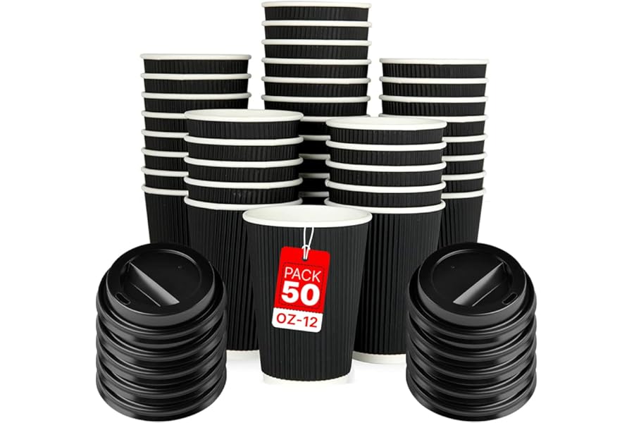 Zuvo [50 Pack Takeaway Coffee Cups with Lids | Disposable Insulated Triple Wall Ripple Kraft Paper Coffee Cups for Takeaway Coffee, Tea or hot Liquids | Pack of 50 (12 Oz.), Black