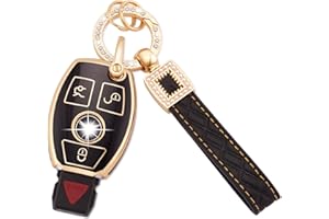 Koaudb para Mercedes Key Fob Cover, 3 Botones Soft TPU Key Fob Protector con Llavero de Cuero Cordón para Mercedes Benz A B C E G R S M Class AMG Smart Key Fob Case Black Gold (BP-Bz-3R)