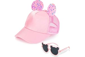 BTHRORO Gorra Beisbol y Gafas Sol Niña, Gorra Sol Bebe con Oreja de Ratón, Orejas de Conejo y Un Moño Ajustable Gorra Trucker Sombrero de Malla Transpirable de Verano para Niños Niñas 2 a 7 Años