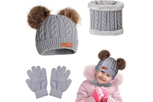 LIVESTN Chaud écharpe et Gants Bonnet Ensemble pour Enfants, Set de 3 Pièces Enfant Ensemble Chapeau Hiver Bonnet avec Pompon Écharpe Gant Tricot Doublure Épaisse pour Fille Garçon 1-5 Ans