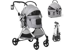 Beberoad 3-in-1 Pet Stroller Dog Pram Detachable Carrier Car Seat - Small Dogs Cats, Folding Lightweight Travel Pet Pram with Mattress (Grey)