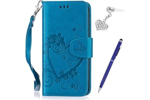 IKASUS Kompatibel mit Huawei P20 Lite Hülle,Huawei P20 Lite Schutzhülle,Prägung Liebes Herz Schmetterlings Blumen PU Lederhülle Flip Hülle Handyhülle Tasche Wallet Case Schutzhülle für Huawei P20 Lite,Blau
