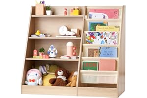 VEVOR 4-Tier Kids Wooden Bookshelf, Six-Layer Sling Bookcase, Baby Storage Book Rack, Book Toy Organizer Cabinet, for Kids Room, Playroom, Kindergarten, Nursery