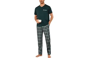 Leversic Men's Short Sleeve Pyjamas V-Neck T-Shirt Pjs Top and Long Plaid Sleep Pants Soft Comfortable Loungewear Set for Sleeping or Lounging at Home S-3XL