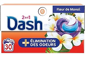 Dash 2en1 PODS, Lessive En Capsule, 30 Lavages, Fleurs de Monoï, PLUS DE FRAÎCHEUR, ÉLIMINATION DES ODEURS avec l’adoucissant Lenor, Fabriquée En France, Dash 2in1