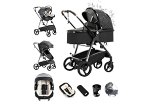 Kakbgee Leather 3-in-1 Combination Stroller, Urban Strollers with Car Seat ECE R129, Portable One-Click Folding Buggy, Flexible Aluminium Frame Carrycot for Newborn 0-4 Years